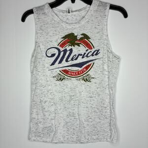 Merica Tank Top White Gray Heather Cotton Polyester US Small Eagle Patriotic